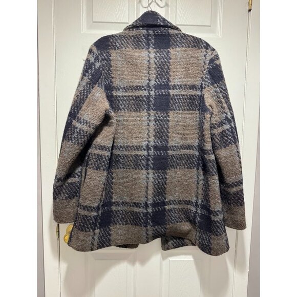 Zara Women's Large Wool Blend Pea Coat Blue Brown Plaid Academia Preppy Career - Picture 4 of 11